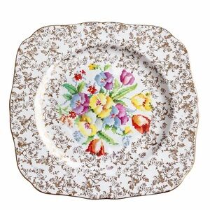 Vintage Floral Square Plate with Gold Accents